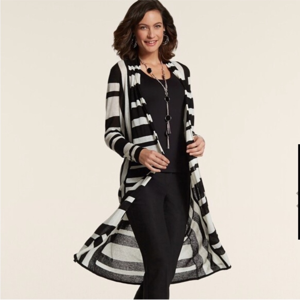 Chico's Shelia black and white striped open-front reversible cardigan duster